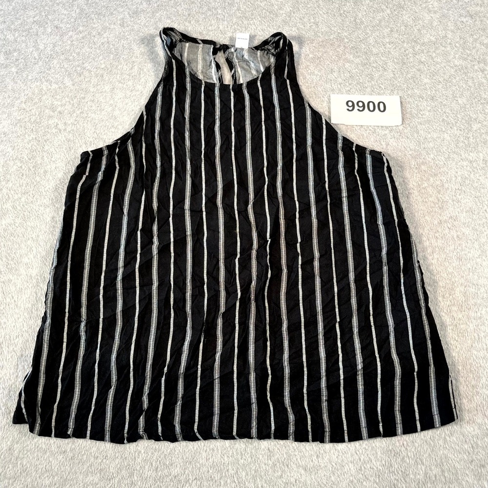 Old Navy Tank Top Womens Medium Black White Striped Loose Fit Rayon Keyhole Back